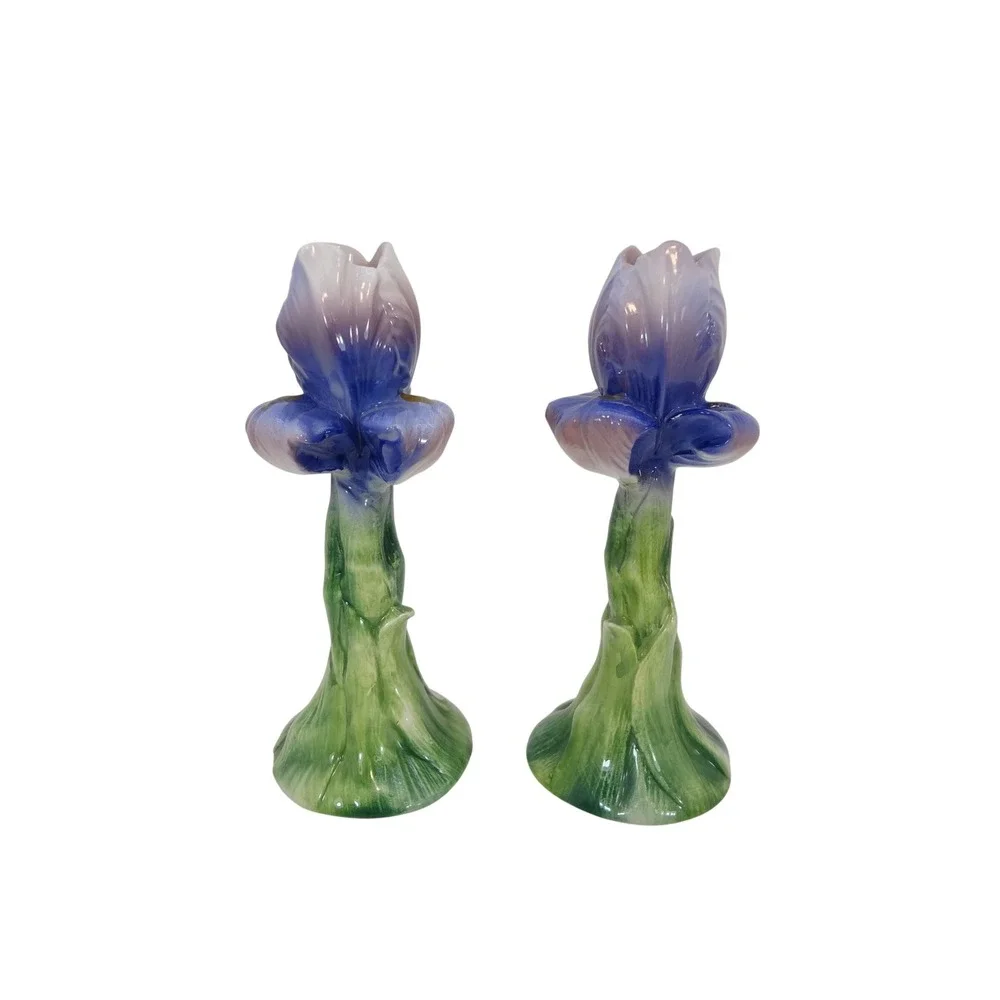 Vintage Ancora Iris Flower Candle Holders Handpainted Italy Blue Purple Green